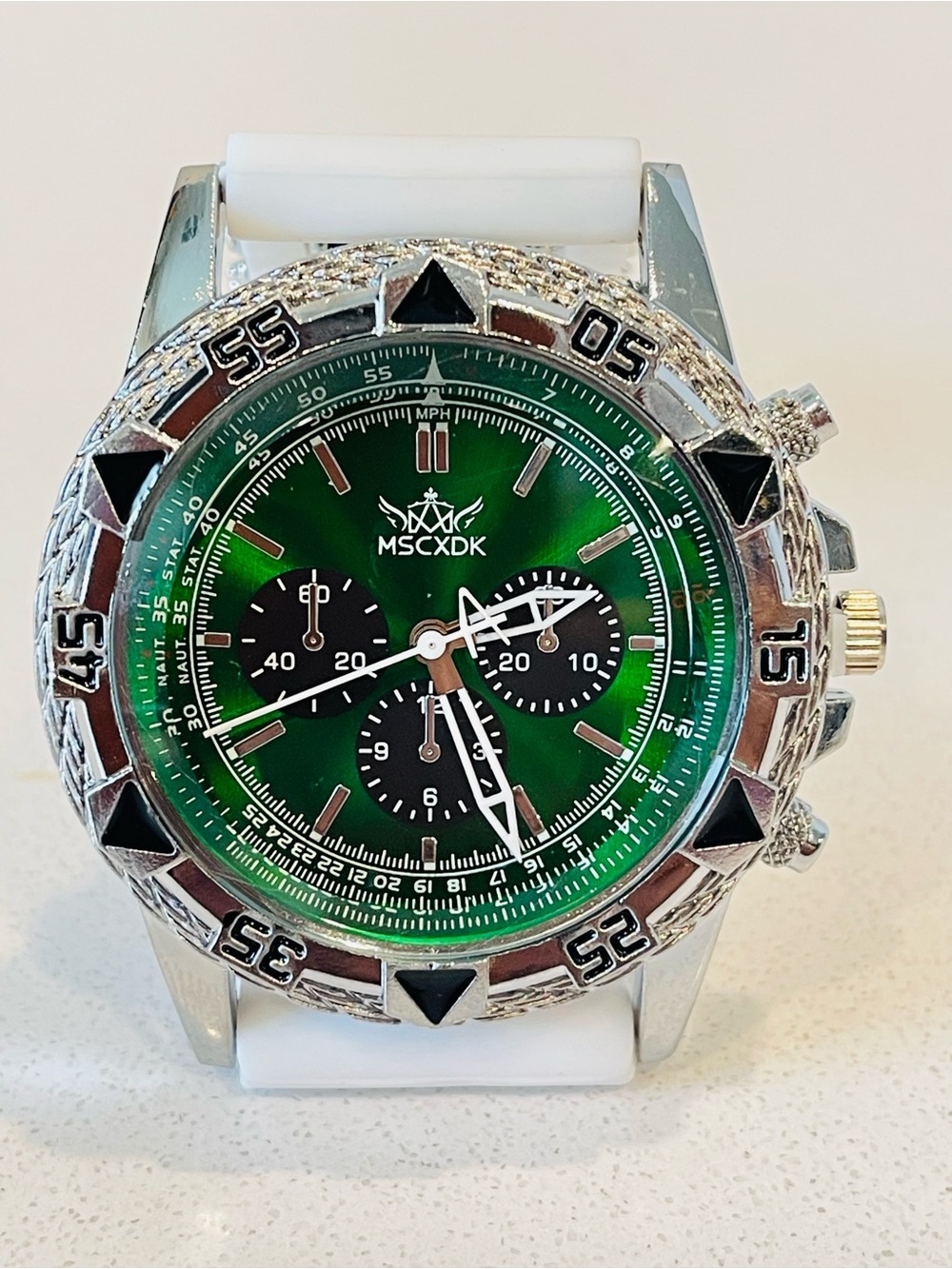 Geneva Green Dial Chronograph Watch with White Strap